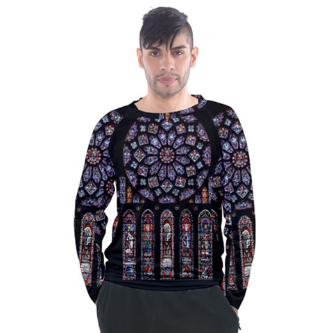 Chartres-cathedral-notre-dame-de-paris-amiens-cath-stained-glass Men s Long Sleeve Raglan Tee by Sudhe