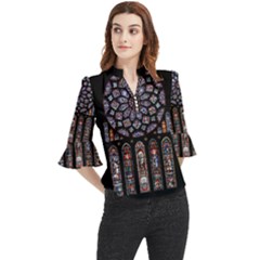 Chartres-cathedral-notre-dame-de-paris-amiens-cath-stained-glass Loose Horn Sleeve Chiffon Blouse