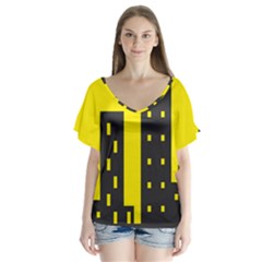 Skyline-city-building-sunset V-neck Flutter Sleeve Top by Sudhe