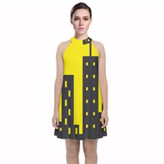 Skyline-city-building-sunset Velvet Halter Neckline Dress  by Sudhe