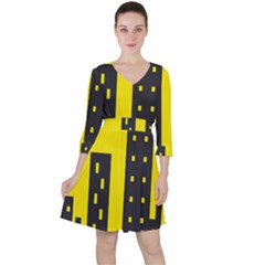 Skyline-city-building-sunset Quarter Sleeve Ruffle Waist Dress by Sudhe