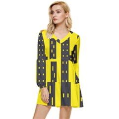 Skyline-city-building-sunset Tiered Long Sleeve Mini Dress by Sudhe