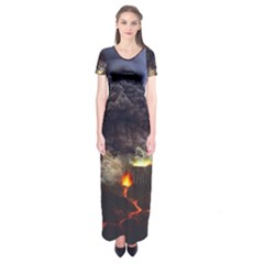 Landscape-volcano-eruption-lava Short Sleeve Maxi Dress