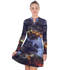 Landscape-volcano-eruption-lava Long Sleeve Panel Dress by Sudhe