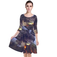 Landscape-volcano-eruption-lava Quarter Sleeve Waist Band Dress by Sudhe