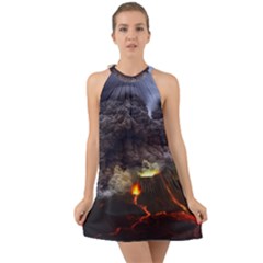 Landscape-volcano-eruption-lava Halter Tie Back Chiffon Dress by Sudhe