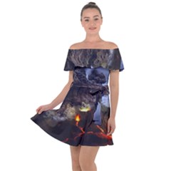 Landscape-volcano-eruption-lava Off Shoulder Velour Dress by Sudhe