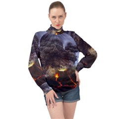 Landscape-volcano-eruption-lava High Neck Long Sleeve Chiffon Top by Sudhe