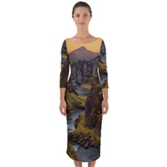 Landscape-cannon-river-mountain Quarter Sleeve Midi Bodycon Dress