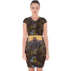 Landscape-cannon-river-mountain Capsleeve Drawstring Dress 