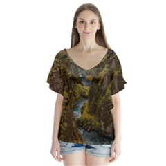 Landscape-cannon-river-mountain V-neck Flutter Sleeve Top by Sudhe