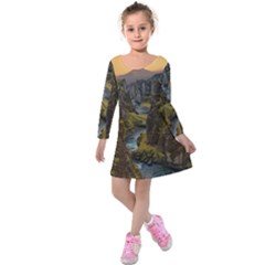 Landscape-cannon-river-mountain Kids  Long Sleeve Velvet Dress