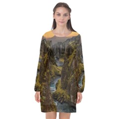 Landscape-cannon-river-mountain Long Sleeve Chiffon Shift Dress 