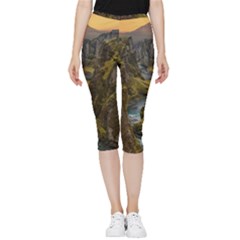 Landscape-cannon-river-mountain Inside Out Lightweight Velour Capri Leggings  by Sudhe