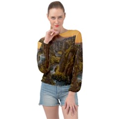 Landscape-cannon-river-mountain Banded Bottom Chiffon Top