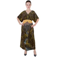 Landscape-cannon-river-mountain V-Neck Boho Style Maxi Dress