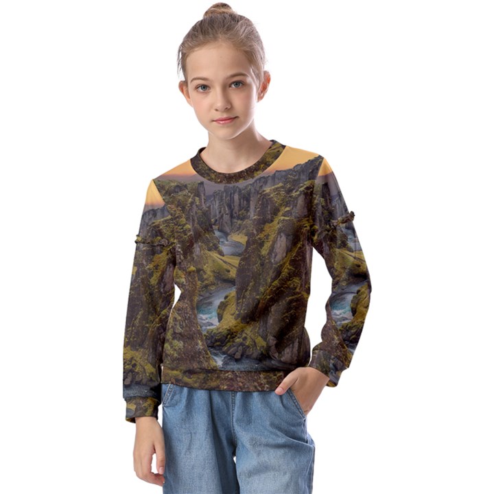 Landscape-cannon-river-mountain Kids  Long Sleeve Tee with Frill 