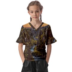 Landscape-cannon-river-mountain Kids  V-Neck Horn Sleeve Blouse