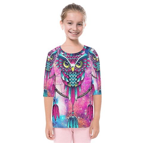 Owl Dreamcatcher Kids  Quarter Sleeve Raglan Tee by Sudhe