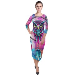 Owl Dreamcatcher Quarter Sleeve Midi Velour Bodycon Dress by Sudhe