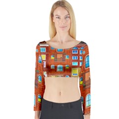 Town-buildings-old-brick-building Long Sleeve Crop Top by Sudhe