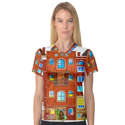 Town-buildings-old-brick-building V-neck Sport Mesh Tee by Sudhe