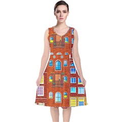 Town-buildings-old-brick-building V-neck Midi Sleeveless Dress  by Sudhe