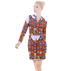 Town-buildings-old-brick-building Button Long Sleeve Dress