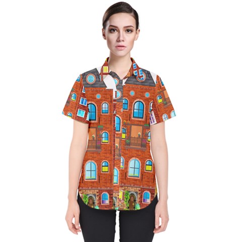 Town-buildings-old-brick-building Women s Short Sleeve Shirt by Sudhe