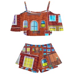 Town-buildings-old-brick-building Kids  Off Shoulder Skirt Bikini by Sudhe