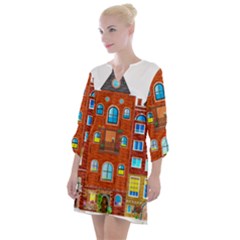 Town-buildings-old-brick-building Open Neck Shift Dress by Sudhe