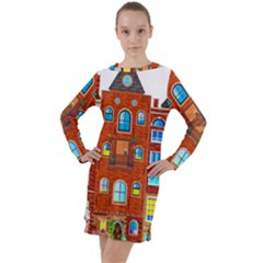 Town-buildings-old-brick-building Long Sleeve Hoodie Dress by Sudhe