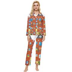 Town-buildings-old-brick-building Womens  Long Sleeve Pocket Pajamas Set