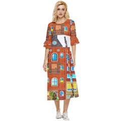 Town-buildings-old-brick-building Double Cuff Midi Dress by Sudhe