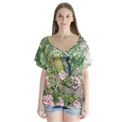 Peafowl Peacock Feather-beautiful V-neck Flutter Sleeve Top by Sudhe