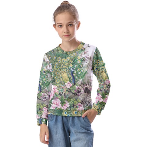 Peafowl Peacock Feather-beautiful Kids  Long Sleeve Tee With Frill  by Sudhe