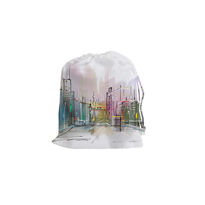 Drawing-watercolor-painting-city Drawstring Pouch (Small)