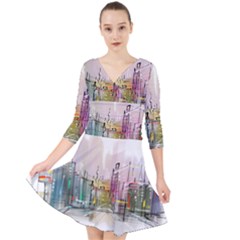 Drawing-watercolor-painting-city Quarter Sleeve Front Wrap Dress by Sudhe