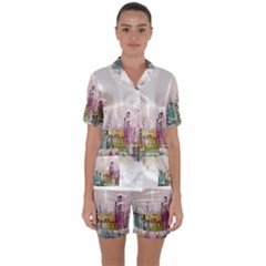 Drawing-watercolor-painting-city Satin Short Sleeve Pajamas Set by Sudhe