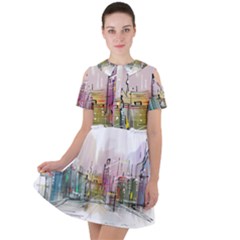 Drawing-watercolor-painting-city Short Sleeve Shoulder Cut Out Dress  by Sudhe