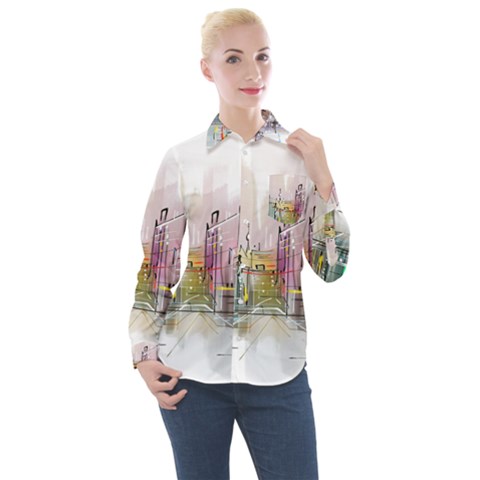 Drawing-watercolor-painting-city Women s Long Sleeve Pocket Shirt by Sudhe