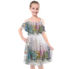 Drawing-watercolor-painting-city Kids  Cut Out Shoulders Chiffon Dress by Sudhe