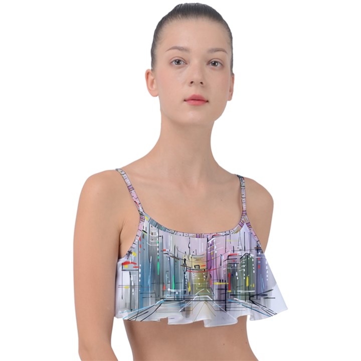 Drawing-watercolor-painting-city Frill Bikini Top