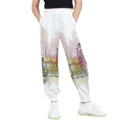 Drawing-watercolor-painting-city Kids  Elastic Waist Pants by Sudhe