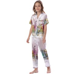 Drawing-watercolor-painting-city Kids  Satin Short Sleeve Pajamas Set by Sudhe