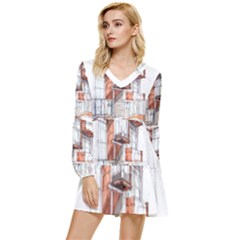 Rag-flats-onion-flats-llc-architecture-drawing Graffiti-architecture Tiered Long Sleeve Mini Dress