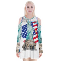 Statue Of Liberty Independence Day Poster Art Velvet Long Sleeve Shoulder Cutout Dress by Sudhe