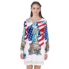 Statue Of Liberty Independence Day Poster Art Long Sleeve Chiffon Shift Dress  by Sudhe