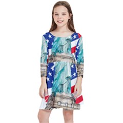 Statue Of Liberty Independence Day Poster Art Kids  Quarter Sleeve Skater Dress by Sudhe