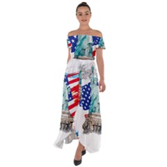 Statue Of Liberty Independence Day Poster Art Off Shoulder Open Front Chiffon Dress by Sudhe